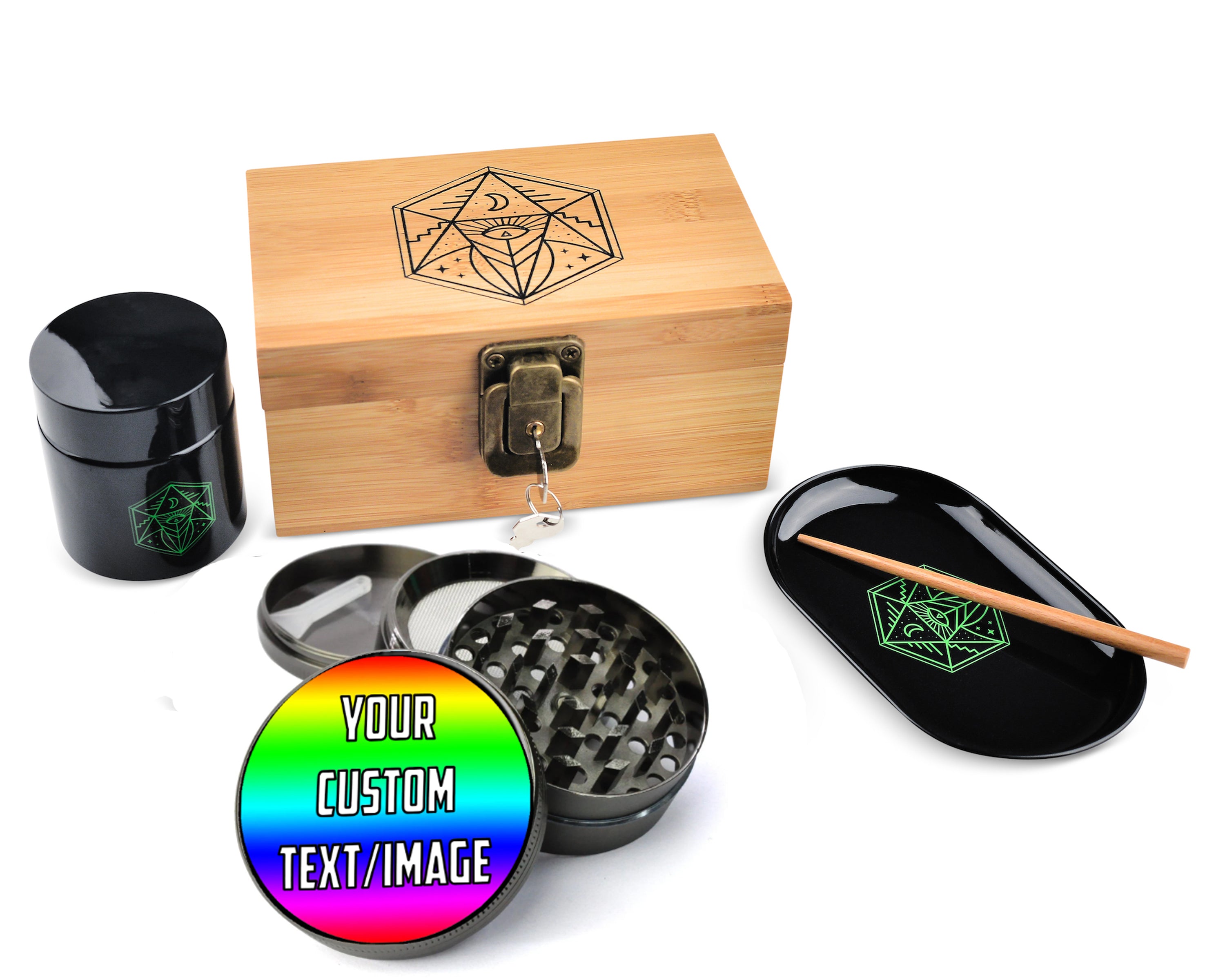 Grinder Stash Box Set - Includes XL Spice Grinder, UV Protective Smellproof Glass Jar, Bamboo Storage Box w/ Lock, Rolling Tray, Poker