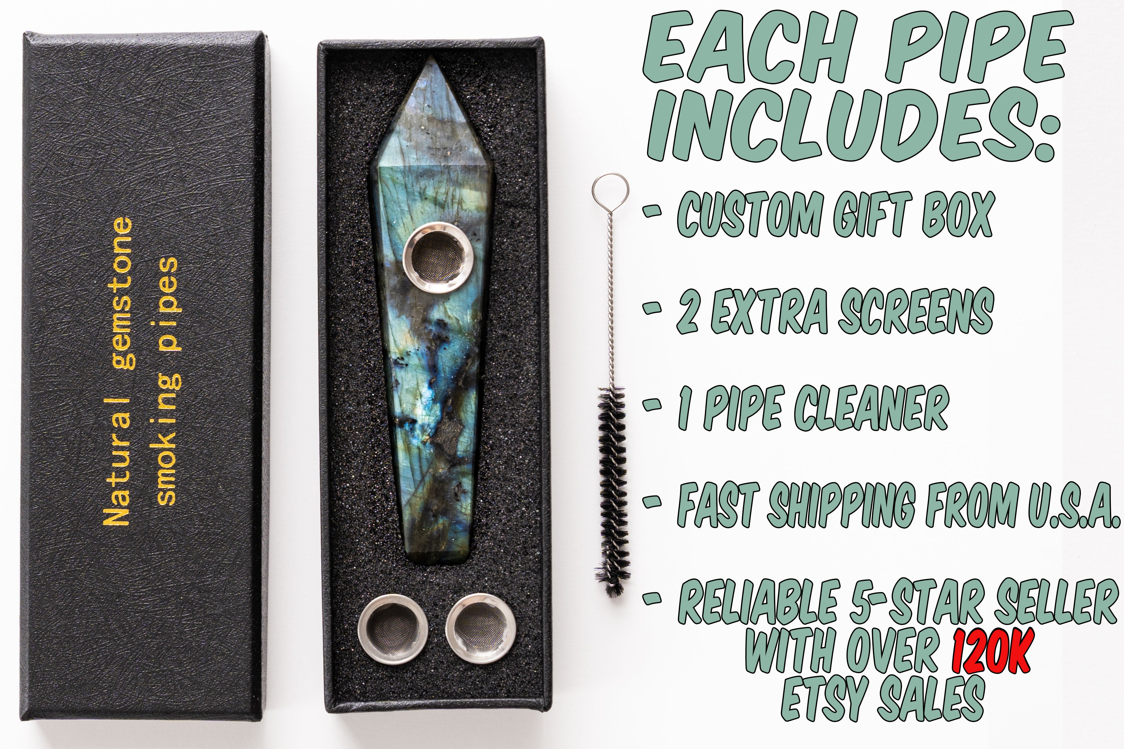Labradorite Gemstone Smoking Pipes | Natural Stone Pipes For Smoking | Gift Box, Extra Screens, Pipe Cleaner | Crystal, Quartz Stone Pipes