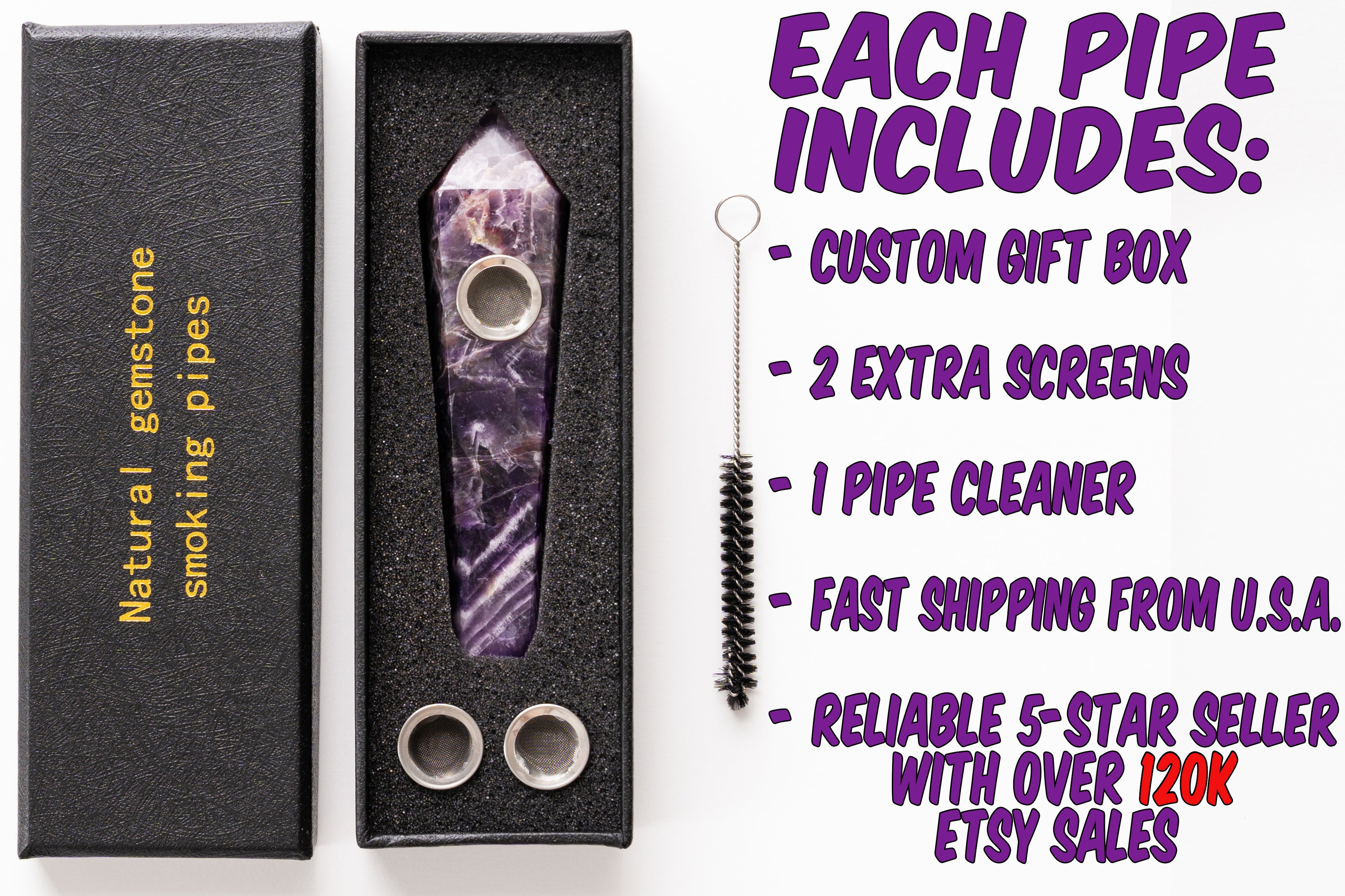 Amethyst Gemstone Smoking Pipes | Natural Stone Pipes For Smoking | Gift Box, Extra Screens, Pipe Cleaner | Crystal, Quartz Stone Pipes