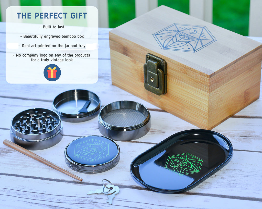 Grinder Stash Box Set - Includes XL Spice Grinder, UV Protective Smellproof Glass Jar, Bamboo Storage Box w/ Lock, Rolling Tray, Poker