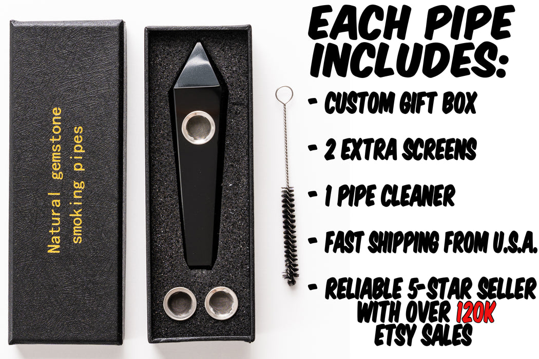 Black Obsidian Gemstone Smoking Pipes | Natural Stone Pipes For Smoking | Gift Box, Extra Screens, Pipe Cleaner | Crystal, Quartz Stone Pipes