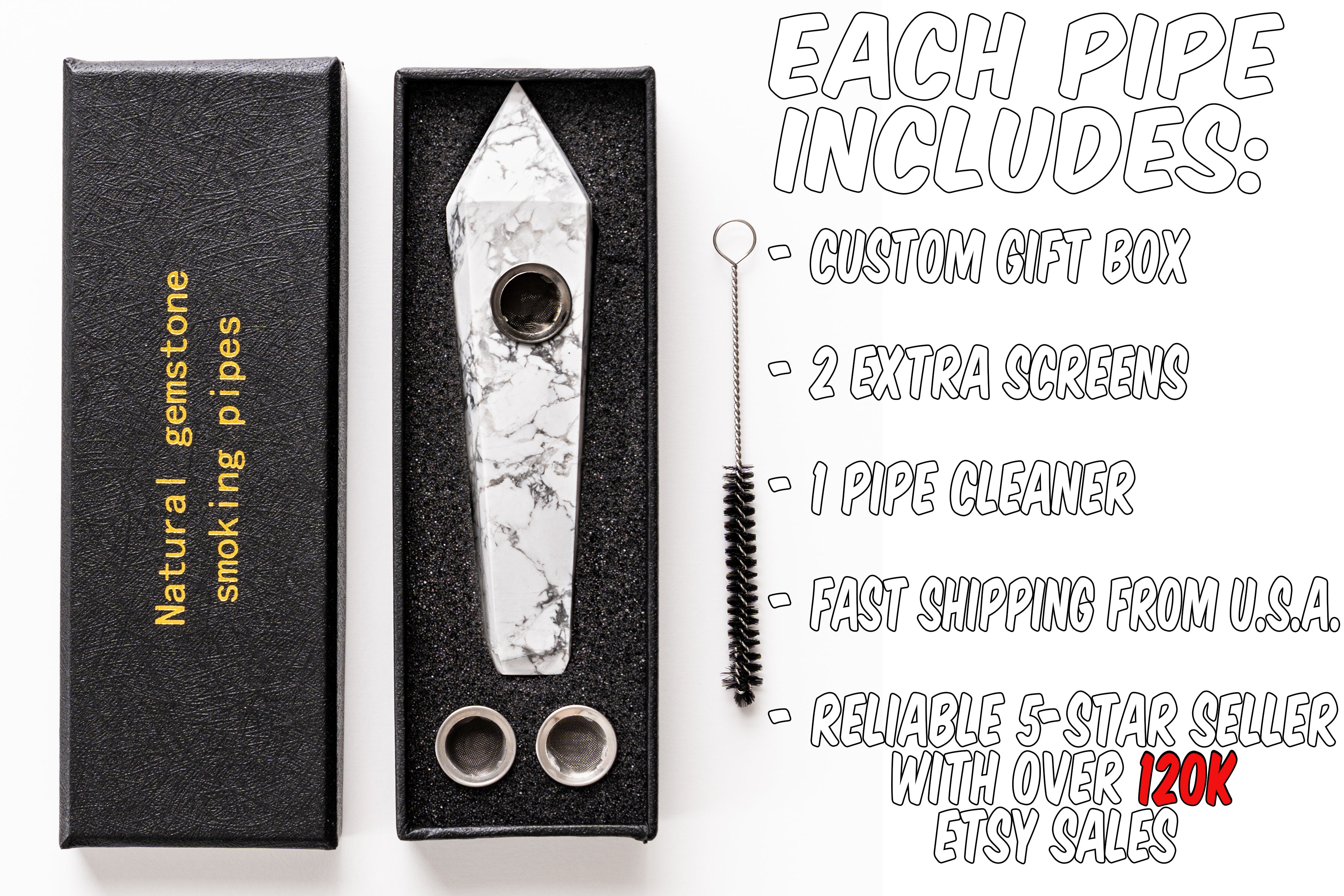White Turquoise Gemstone Smoking Pipes | Natural Stone Pipes For Smoking | Gift Box, Extra Screens, Pipe Cleaner | Crystal, Quartz Stone Pipes