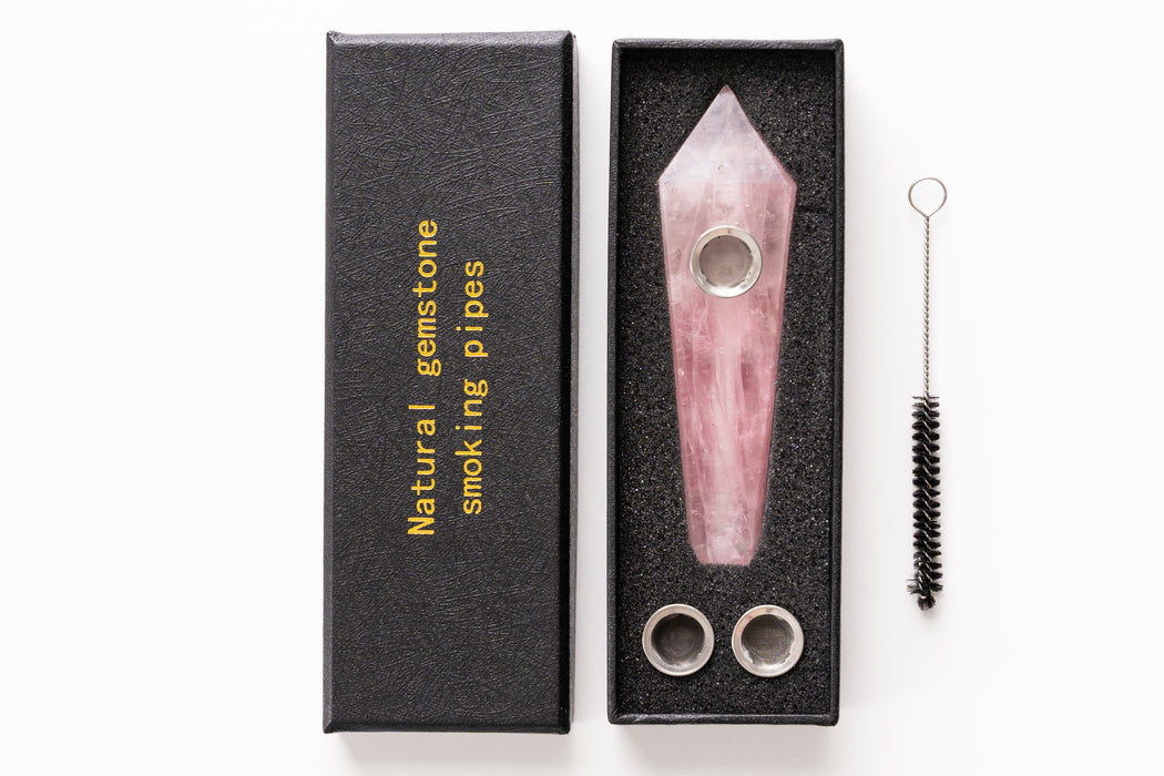 Rose Quartz Gemstone Smoking Pipes | Natural Stone Pipes For Smoking | Gift Box, Extra Screens, Pipe Cleaner | Crystal, Quartz Stone Pipes