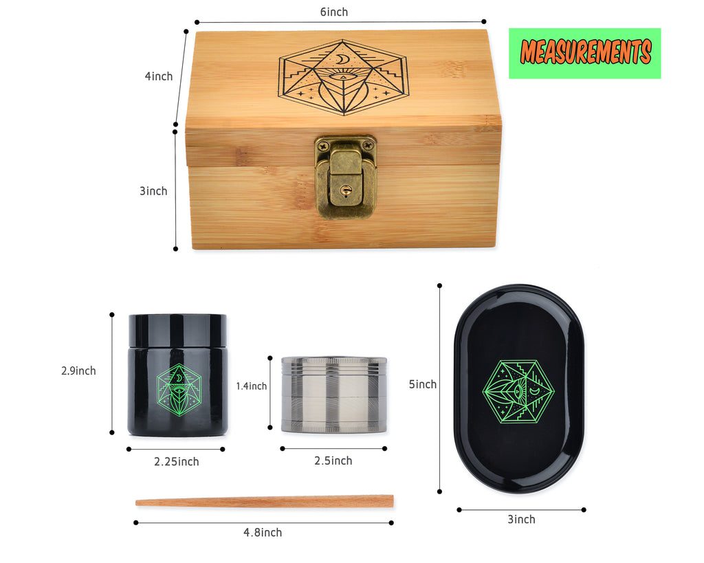 Grinder Stash Box Set - Includes XL Spice Grinder, UV Protective Smellproof Glass Jar, Bamboo Storage Box w/ Lock, Rolling Tray, Poker