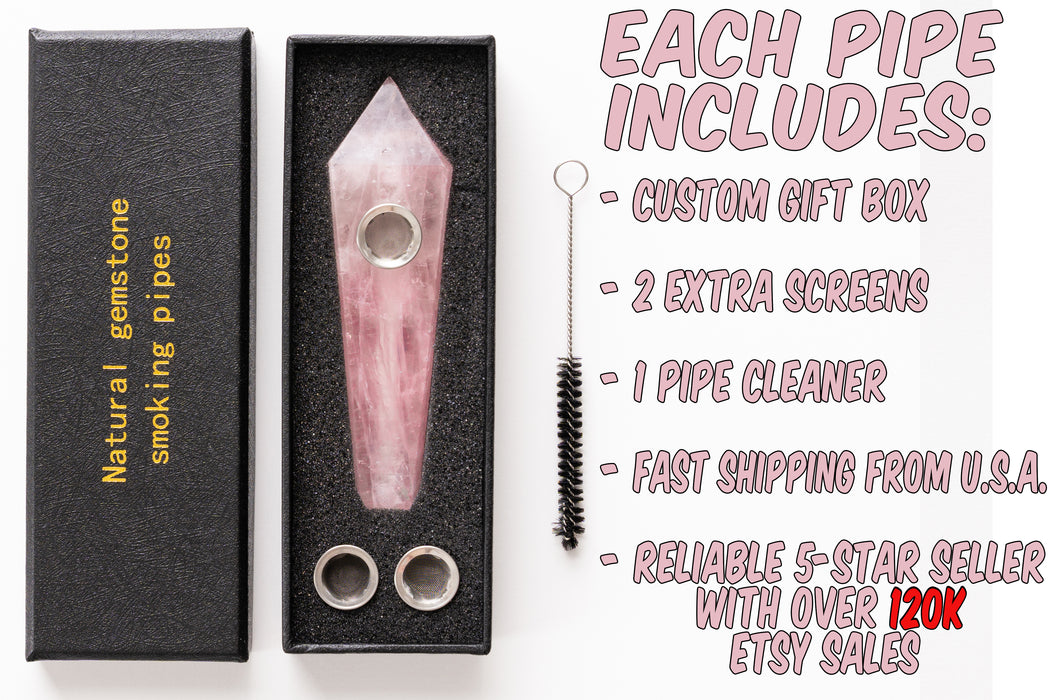 Rose Quartz Gemstone Smoking Pipes | Natural Stone Pipes For Smoking | Gift Box, Extra Screens, Pipe Cleaner | Crystal, Quartz Stone Pipes