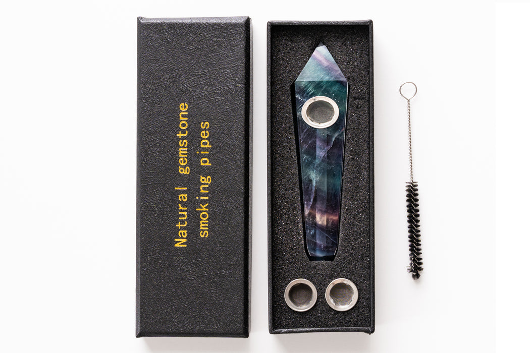 Colorful Fluorite Gemstone Smoking Pipes | Natural Stone Pipes For Smoking | Gift Box, Extra Screens, Pipe Cleaner | Crystal, Quartz Stone Pipes