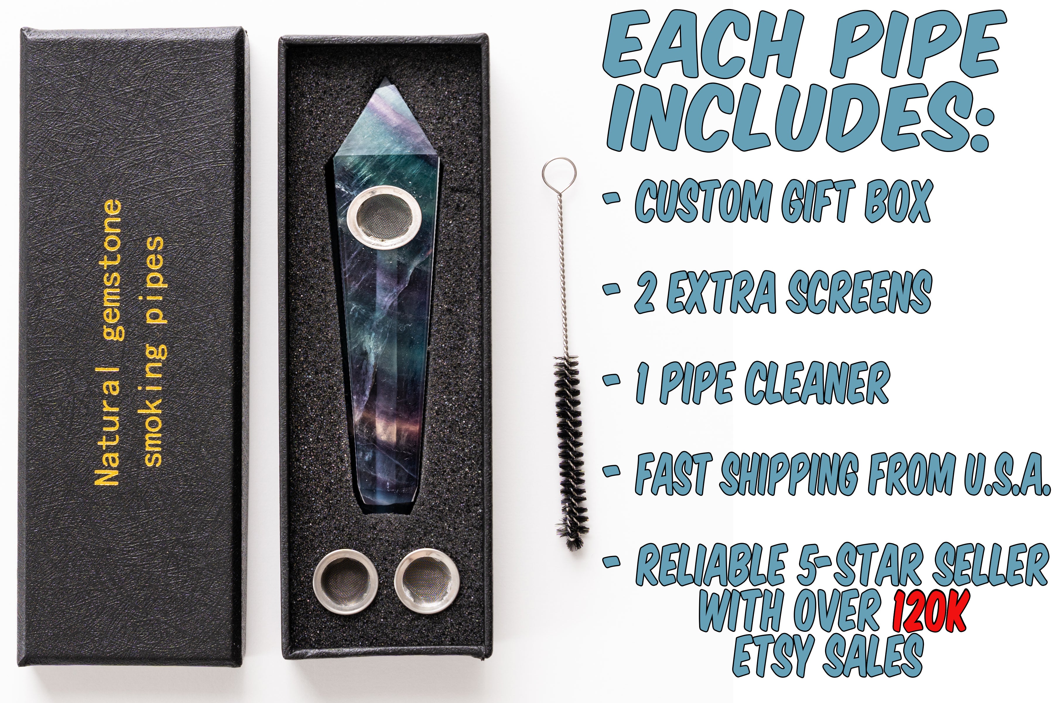 Colorful Fluorite Gemstone Smoking Pipes | Natural Stone Pipes For Smoking | Gift Box, Extra Screens, Pipe Cleaner | Crystal, Quartz Stone Pipes