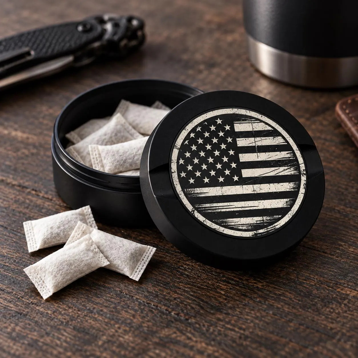 Black Pocket Vault pouch container with American flag artwork, shown open beside its lid.
